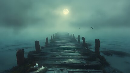 Obraz premium Mystical moonlit pier extending into foggy water, birds flying overhead.