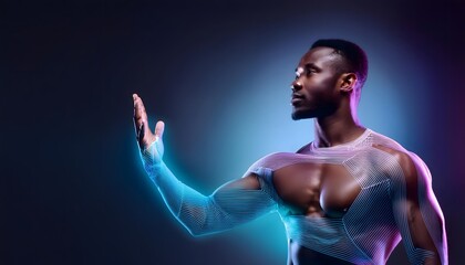 Future Consumer and technology concept: Personalized AI fitness trainer, holographic coach guiding exercises.