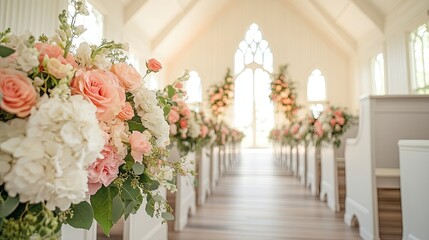 Beautifully decorated wedding chapel with flowers along the aisle, bright and airy, evoking romantic wedding ceremony vibes.