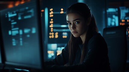 A Woman Working on a Computer in a Dark Room