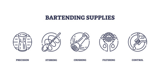 Bartending supplies icons depict tools like jigger, muddler, and strainer for precision and control. Outline icons set.