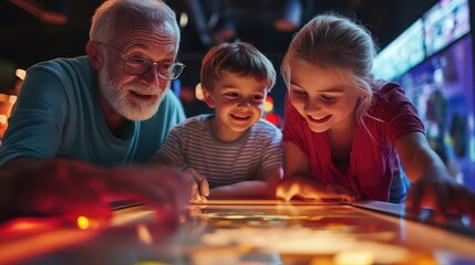 Grandparents and Grandchildren Exploring Interactive Science Museum Exhibit
