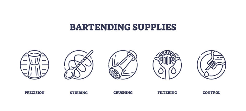 Bartending supplies icons depict tools like jigger, muddler, and strainer for precision and control. Outline icons set.
