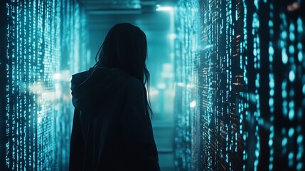 A hooded figure standing in a hallway with blue glowing walls filled with code