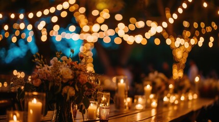 Romantic Wedding Ambiance: Outdoor Evening Celebration with String Lights and Candlelit Decor