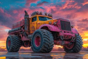 Fototapeta premium Pink and yellow rusty monster truck at sunset.