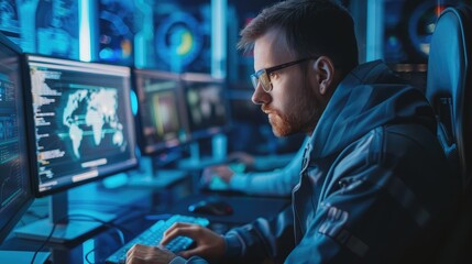 Cybersecurity Expert Monitoring Global Threats in High-Tech Facility