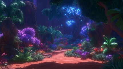 Obraz premium Enchanting Bioluminescent Forest Path at Night