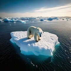 A curious polar bear leans over the edge of an iceberg, peering into the icy Arctic waters below.