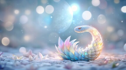 Obraz premium A mystical creature with pastel-colored scales rests on a soft surface, surrounded by a dreamy atmosphere filled with sparkling lights.
