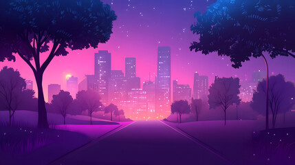 Fototapeta premium Cityscape at Twilight Road Leads to Illuminated Buildings