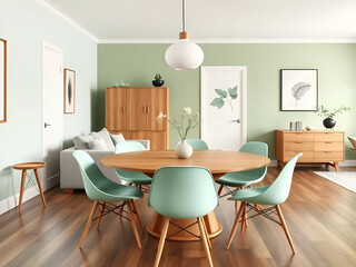 Open-concept dinning room with wooden flooring,
 modern furniture.