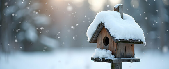Fototapeta premium Winter Wonderland: A snow-covered birdhouse stands peacefully in a softly falling snow, a tranquil winter scene.