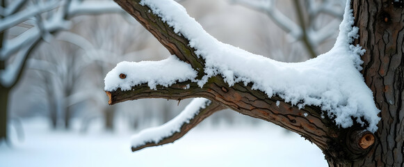 Winter's gentle touch on a weathered branch, snow softly clinging, a serene winter scene unfolds.  A beautiful, frosty landscape.