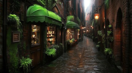 Fototapeta premium Enchanting Cobblestone Alleyway with Green Awnings