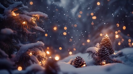 Snow falling on pine cones and christmas lights during winter night