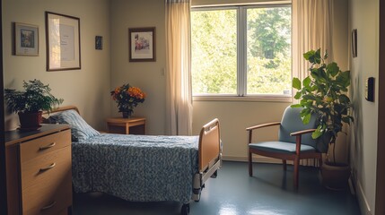 Empty Hospital Room Interior with Bed, Armchair, and Potted Plants