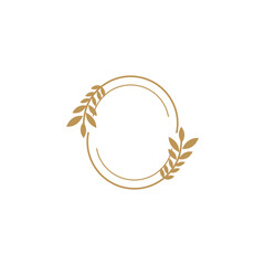 Vector flower logo template with elegant and minimal style with gold color on grey background illustration. Circle frame logo.