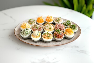 Assorted deviled eggs on plate, variety of toppings