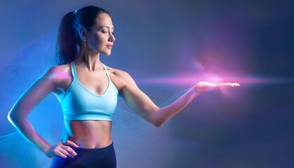 Future Consumer and technology concept: Personalized AI fitness trainer, holographic coach guiding exercises.
