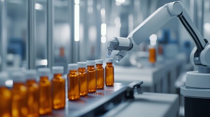Robotic Arm Assembling Medicine Bottles on Production Line