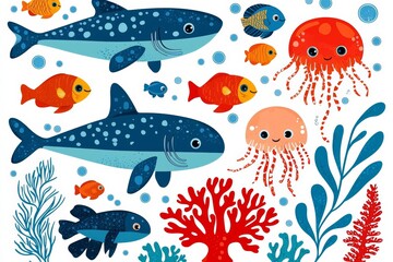 Set of sea animals in flat style hand drawn