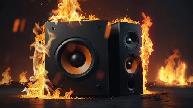 Music speaker box on fire with black background. Seamless 4K looping timelapse video animation