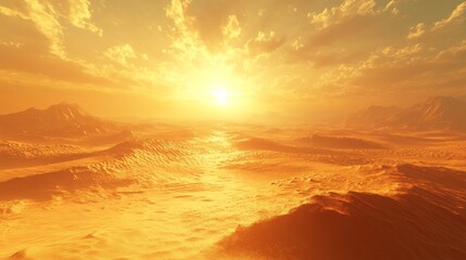 Golden Sunset Over A Desolate Martian Landscape