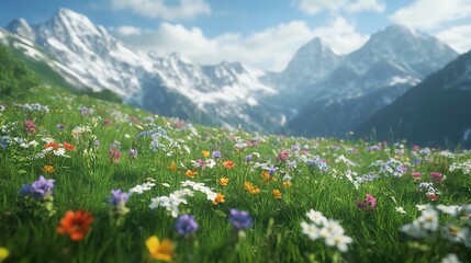 Fototapeta premium Meadow with Flowers in Mountains in Front of Alps Mountain Range