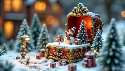 A small red box with a snowman inside is surrounded by trees and presents