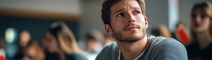 Obraz premium Dedicated Male Student Focused on Note Taking During a Lecture in Classroom Setting