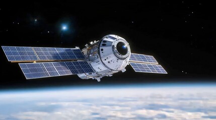 Spacecraft orbiting Earth with solar panels.