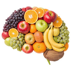 A colorful arrangement of various fruits shaped like a brain, showcasing apples, oranges, bananas, grapes, and more, white background, transparent background.