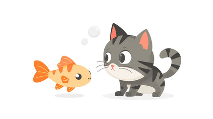 Obraz premium flat logo vector cute cat looking at fish cartoon isolated on transparent background.