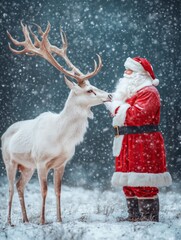 Santa Claus feeding a white reindeer in a snowy forest
