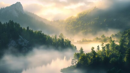 Naklejka premium Misty Morning Scene ofLake, Foggy Summer Landscape