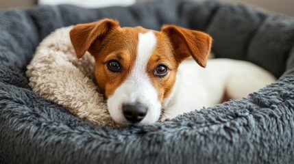 Adorable Jack Russell Terrier Resting In Cozy Dog Bed