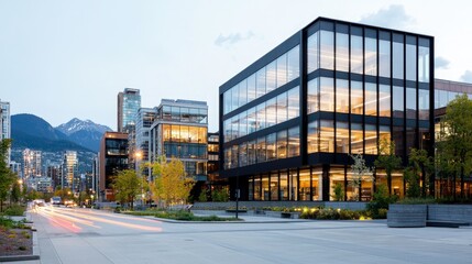 Modern glass office building at dusk, city skyline.