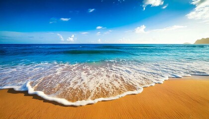 Beautiful sandy beach and soft blue ocean wave. Sea background. generative AI
