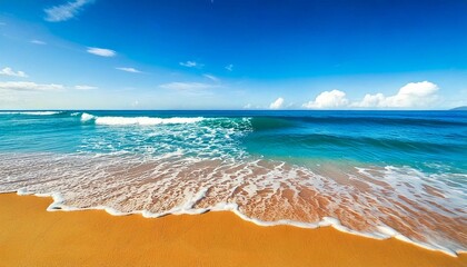 Beautiful sandy beach and soft blue ocean wave. Sea background. generative AI