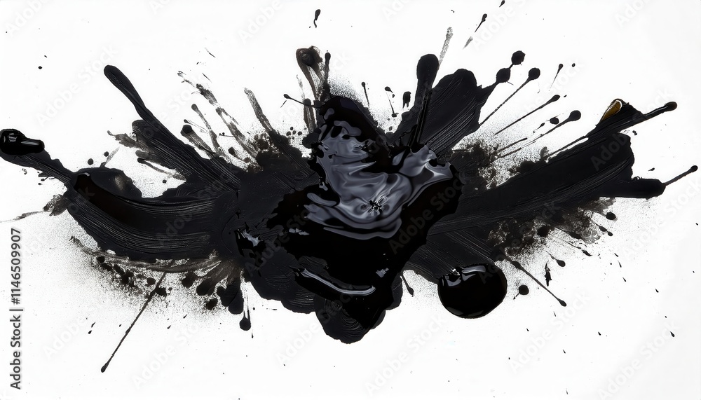 Poster Dynamic Abstract Black Ink Splatter Explosion with Bold Drips and Chaotic Splatters on White Canvas. Symbolizing Creativity, Chaos, and Artistic Expression for Modern Digital or Print Art Inspiration