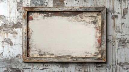 A rustic, weathered frame without a picture, set against a textured wall, ideal for showcasing art or photographs.