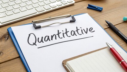 A clipboard with the word "Quantitative" written on it, surrounded by office supplies.
