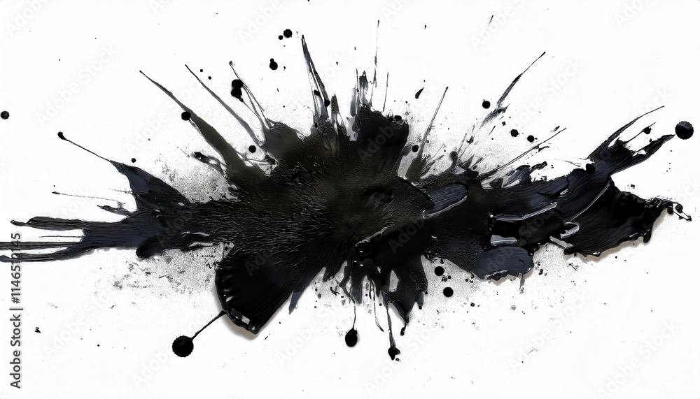 Poster Dynamic Abstract Black Ink Splatter Explosion with Bold Drips and Chaotic Splatters on White Canvas. Symbolizing Creativity, Chaos, and Artistic Expression for Modern Digital or Print Art Inspiration