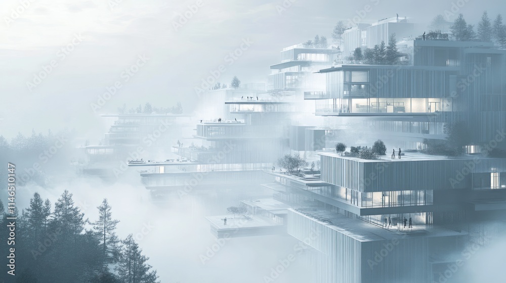 Poster futuristic architecture amidst foggy landscape, showcasing modern design and serene environment.