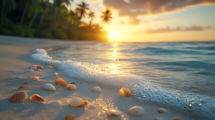 Obraz premium Seashells on sandy beach at sunset, ocean wave, palm trees.