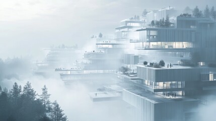 Fototapeta premium Futuristic architecture amidst foggy landscape, showcasing modern design and serene environment.