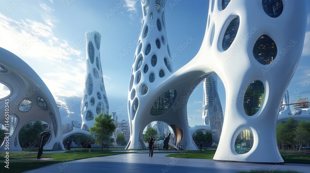 Poster Futuristic architecture featuring organic forms and green spaces in a vibrant urban setting.
