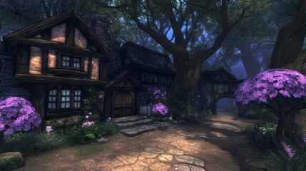 Enchanting Village Path Amongst Lush Forest and Flowers