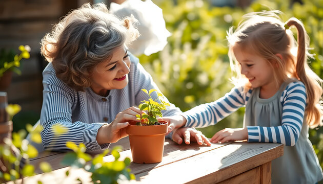 Grandmother and granddaughter planting seedlings together with joy in a lush garden